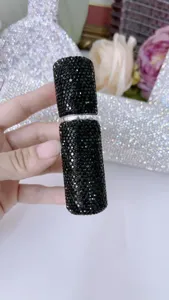 Atomizador de perfume lujoso 5ml recargable con pedrería negra brillante y elegante