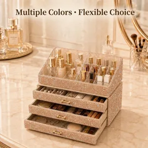 Luxury 3-layer diamond-encrusted jewelry box and makeup organizer with transparent top