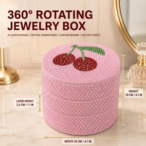 Rotating Jewelry Storage Box Dustproof Cosmetic Organizer With Cherry Pattern Rhinestone Desktop Storage Box For Women