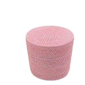 4-layer rotating rhinestone jewelry storage box pink crystal desktop organizer with lid