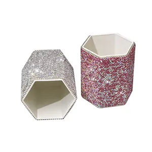 Crystal Rhinestone Desktop Pen Holder Luxury Clay Makeup Brush Storage Organizer For Office Desk Decor