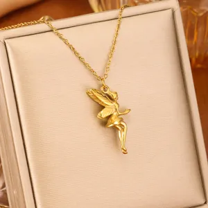 Elegant golden fairy pendant necklace presented in a luxury beige jewelry box.