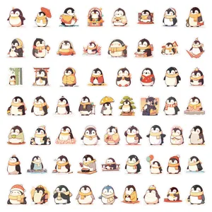 Close up view of cute penguin stickers assortment, waterproof cartoon designs for decoration.