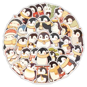 Cute cartoon penguin sticker set detail showing various adorable poses and waterproof designs.