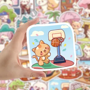 Lindo adhesivo de gato animado jugando al baloncesto para papelería DIY y decoro