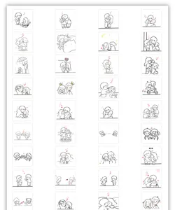 Grid view of 72 cute couple daily life cartoon stickers for DIY journal and scrapbooking.