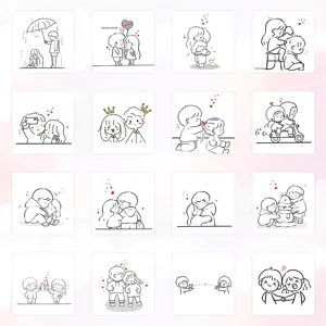 Grid display of 16 cute hand-drawn couple stickers for DIY laptop and journal deco