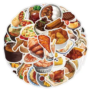 Cartoon food stickers close-up, diverse meal designs for DIY phone case and journal decoration.