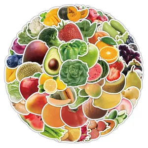 Colorful fruit and vegetable stickers set for laptop, luggage, and water bottle decor.