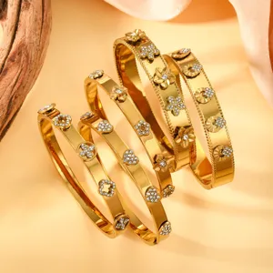 Fashion Titanium Stainless Steel Heart Bangle For Women Gold Plated Rhinestone Flower Clover Commute Jewelry Bracelet