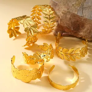 Bracciale Rigido Vintage in Acciaio Inossidabile Placcato Oro 18K Foglia Piuma per Donna Minimalista Rilievo Alloro Gioielli