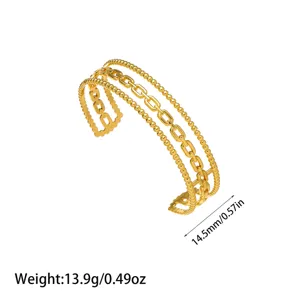 Detalle de brazalete multicapa de acero inoxidable chapado en oro de 18K con dimensiones.