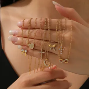 Gold Plated Stainless Steel Rhinestone Pendant Necklace For Women Heart Cross Moon Bow Knot Infinity Symbol Fashion Jewelry Gift