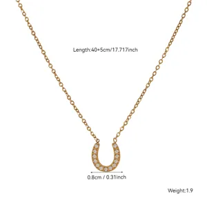 Detailed view of 18K gold plated horseshoe necklace with dimensions and weight info.
