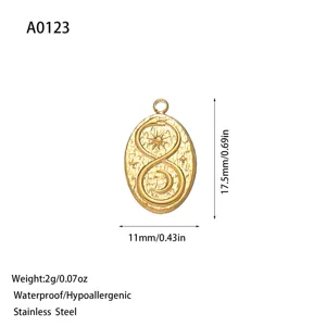 Gouden ovale roestvrijstalen hanger met zon en maan gravure voor DIY sieraden maken
