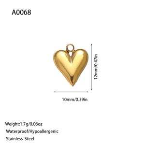 Gold-plated stainless steel heart pendant for DIY jewelry, 12mm waterproof charm