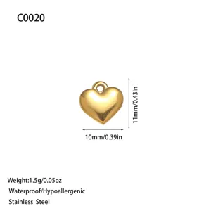 Polished golden stainless steel heart-shaped pendant charm for DIY jewelry making