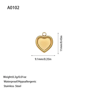 Small gold heart-shaped stainless steel pendant for DIY jewelry with 11mm size info.