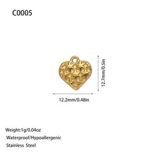 Gold stainless steel heart pendant with star pattern for DIY jewelry accessories 12mm
