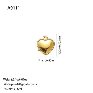 Gold heart pendant in stainless steel for DIY jewelry making with exact dimensions