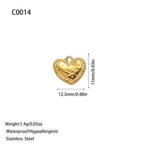 Textured gold stainless steel heart pendant for DIY jewelry, size 12.3mm x 11mm.