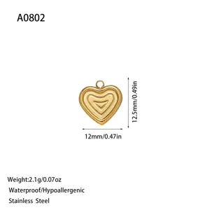 Gold heart-shaped stainless steel pendant for DIY jewelry making, 12mm size