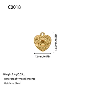 Gold heart pendant with eye design, waterproof stainless steel for DIY jewelry making