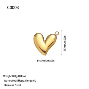 Gold-plated heart pendant in stainless steel with dimension markings