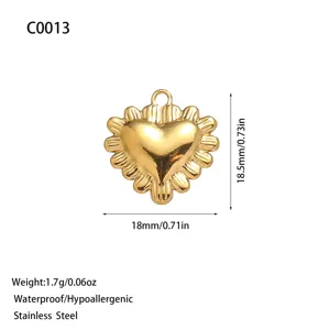Gold-plated stainless steel heart pendant with ridged border for DIY jewelry making