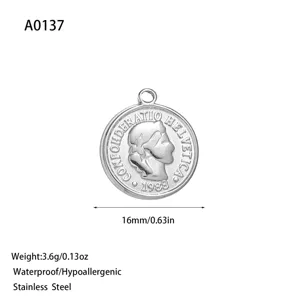 Macro detail of silver stainless steel coin pendant showing 16mm dimensions and 3.6g weight