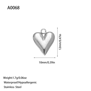 Detailed dimensions of silver stainless steel heart pendant for DIY jewelry