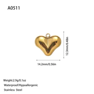 Gold heart stainless steel pendant for jewelry making, waterproof and hypoallergenic