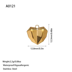 Faceted gold heart-shaped stainless steel pendant for DIY jewelry making, 12.8mm size