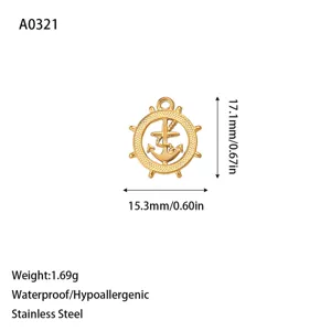 Premium gold-plated stainless steel ship wheel and anchor charm with product dimensions