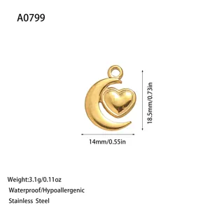 Heart and moon gold plated stainless steel pendant charm for DIY jewelry making 18.5x14mm