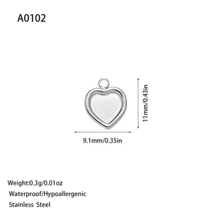 Silver heart shaped stainless steel pendant charm for DIY jewelry making, size 11mm x 9.1mm