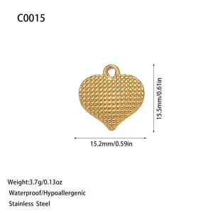 Gold textured heart-shaped stainless steel pendant charm for DIY jewelry making 15mm
