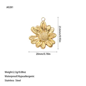 Detailed dimension and feature chart for gold-plated stainless steel flower pendant
