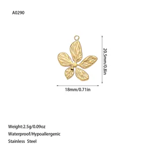 Detailed gold leaf stainless steel pendant with dimensions 18x20.5mm and 2.5g weight