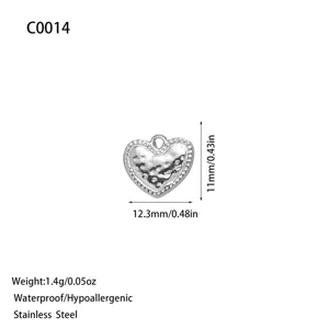 Hammered stainless steel heart pendant charm for DIY jewelry making, 12.3mm silver finish