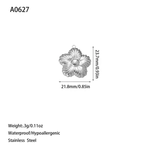 Detailed dimension view of a stainless steel flower charm with measurements