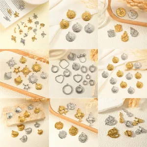 Collage showing various stainless steel charms for DIY jewelry making in gold and silver