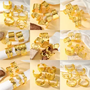 Brazalete Moderno de Acero de Titanio para Mujer Chapado en Oro de 18K Calado Flor Hoja Geométrico Brazalete Abierto Joyería de Moda Regalo