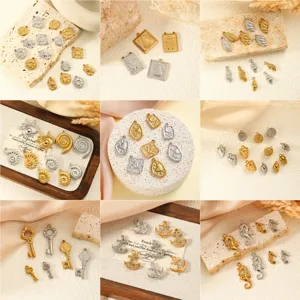 Nine-grid collage of diverse stainless steel 18K gold and silver jewelry charms