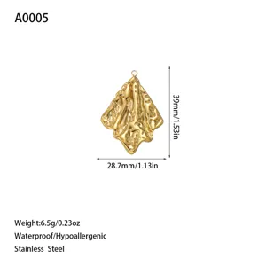 Close-up of gold-plated stainless steel irregular textured pendant with dimensions.