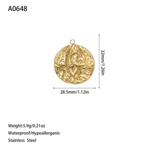 Detailed size and weight specifications for gold textured stainless steel round pendant