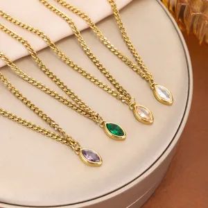 Light Luxury Stainless Steel Marquise Rhinestone Pendant Necklace Gold Plated Curb Chain Clavicle Chain Jewelry For Women