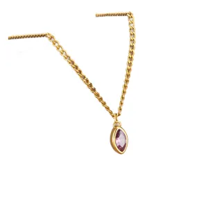 Elegant titanium steel necklace for women with a purple marquise gemstone pendant