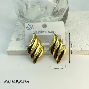 Detailed view of gold striped stainless steel earrings with dimensions 3.65cm by 2cm