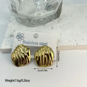 Detailed macro view of gold-tone stainless steel ribbed geometric stud earrings.